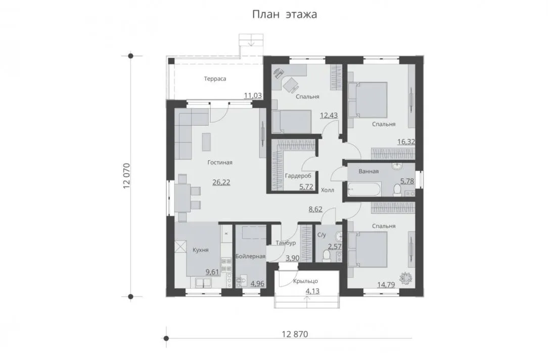 Одноэтажный дом c  тремя спальнями, чердаком и террасой. — план этажа