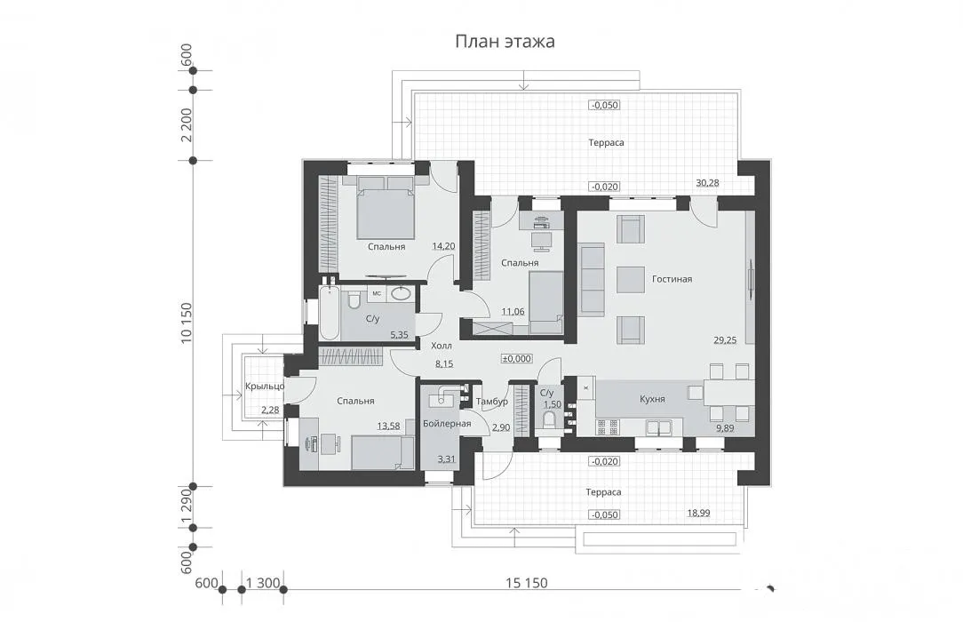 Одноэтажный дом с тремя спальнями и плоской неэксплуатируемой крышей — план этажа